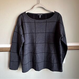 Eileen Fisher Windowpane Merino Wool Bateau Gray Sweater